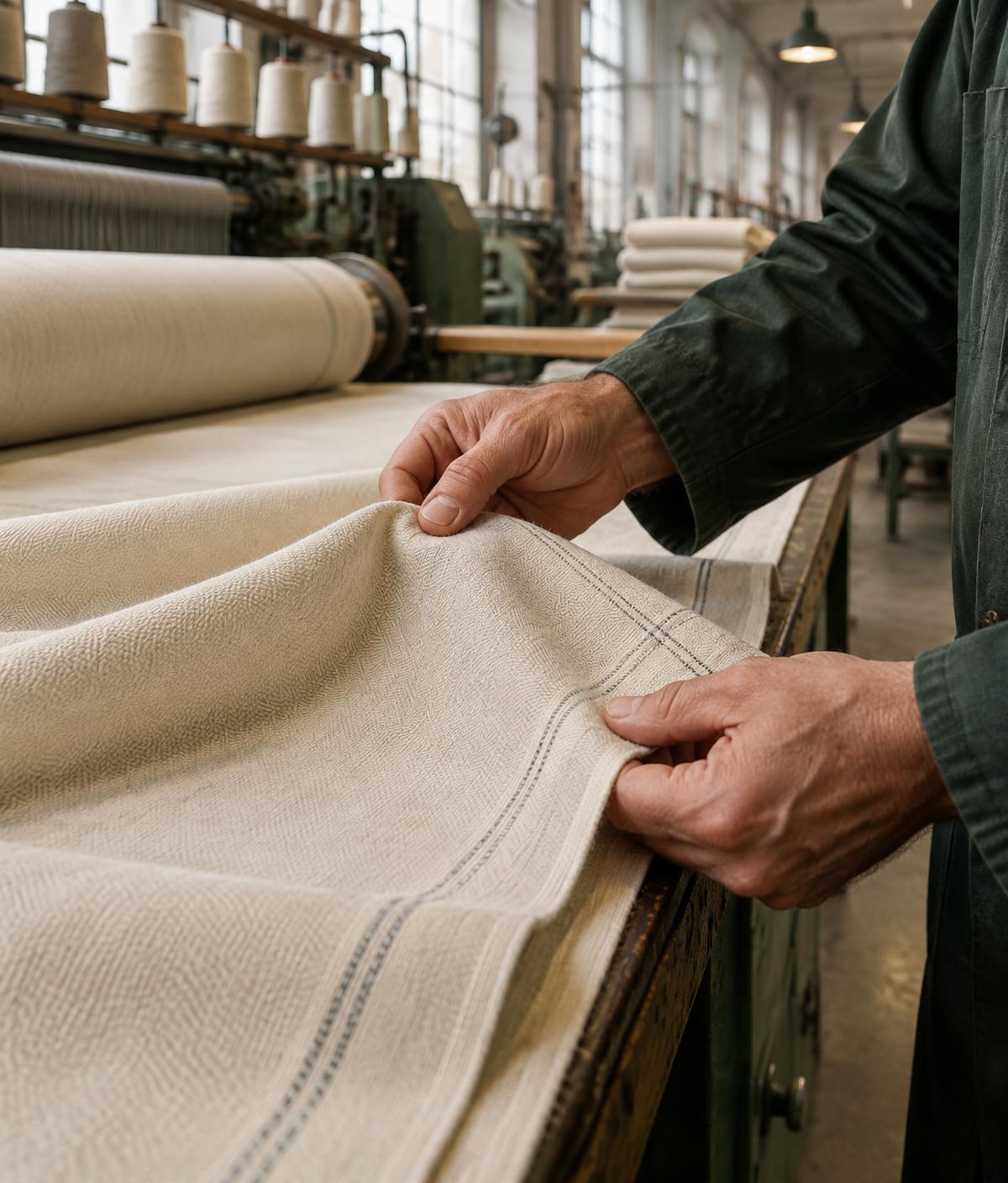 Experienced textile professional inspecting woven fabric