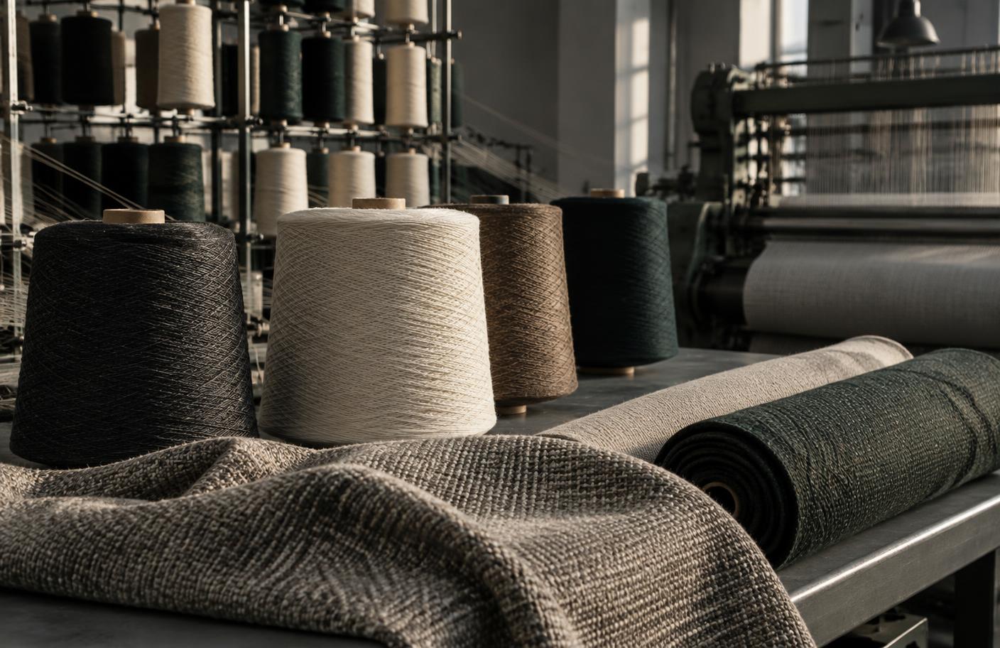 Yarn cones and finished fabric in a textile mill